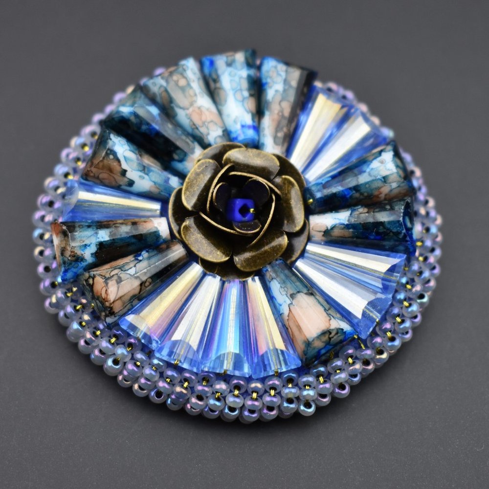 Blue crystal brooch handmade, unusual beaded pin for women